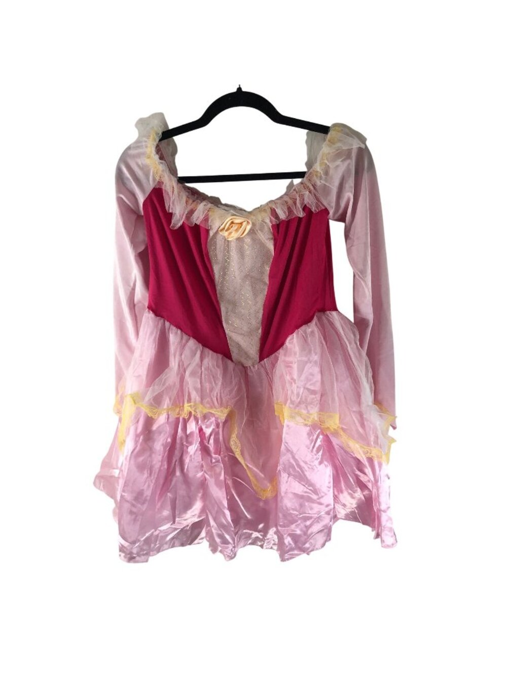Princess Aurora Pink Womens Princess Costume Dress Long Sleeves & Yellow Lace XL